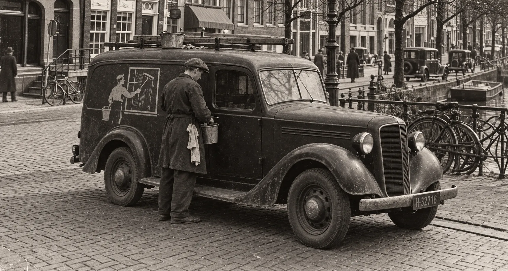 Artistieke reconstructie van een glazenwasser met ouderwetse bestelauto in Amsterdam rond 1938