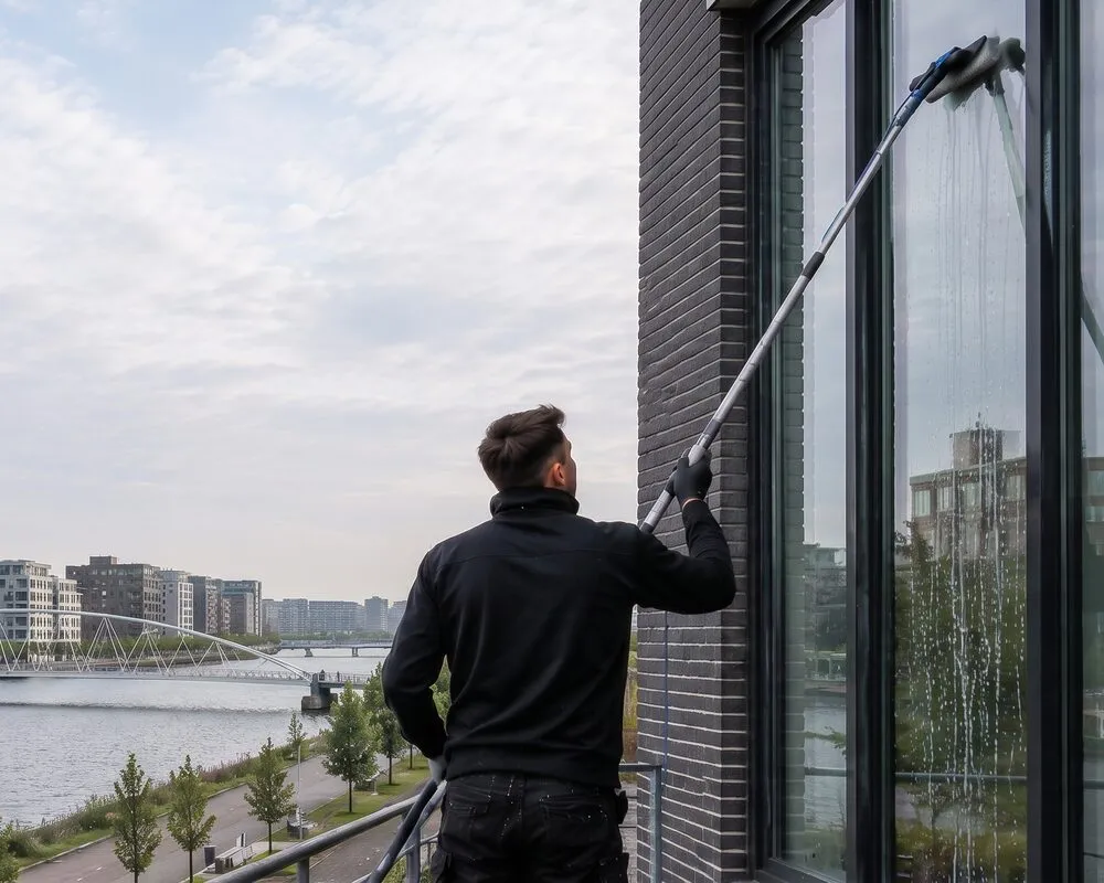 Window cleaner at work in Amsterdam IJburg