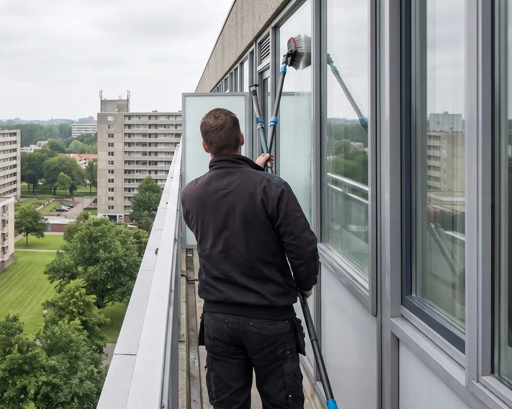 Window cleaner at work in Amsterdam Nieuw-West