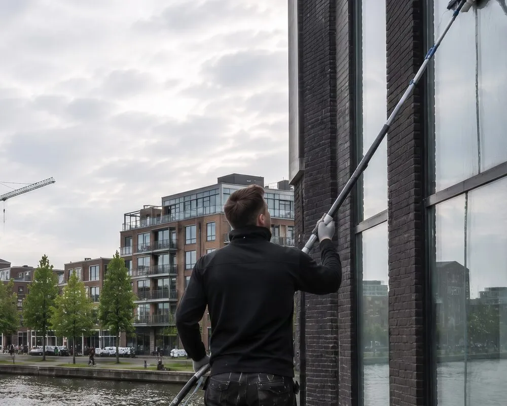 Window cleaner at work in Amsterdam Noord