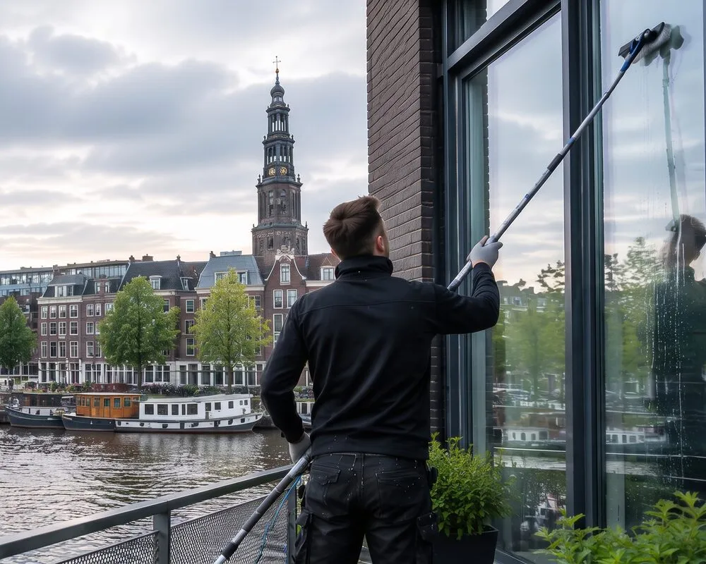 Window cleaner at work in Amsterdam Oost