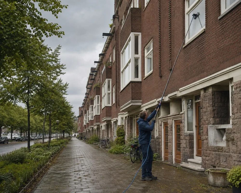 Window cleaner at work in Amsterdam Rivierenbuurt