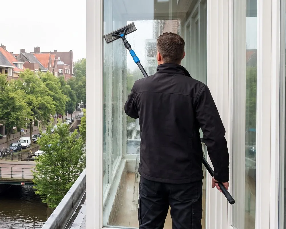 Window cleaner at work in Amsterdam Zuid