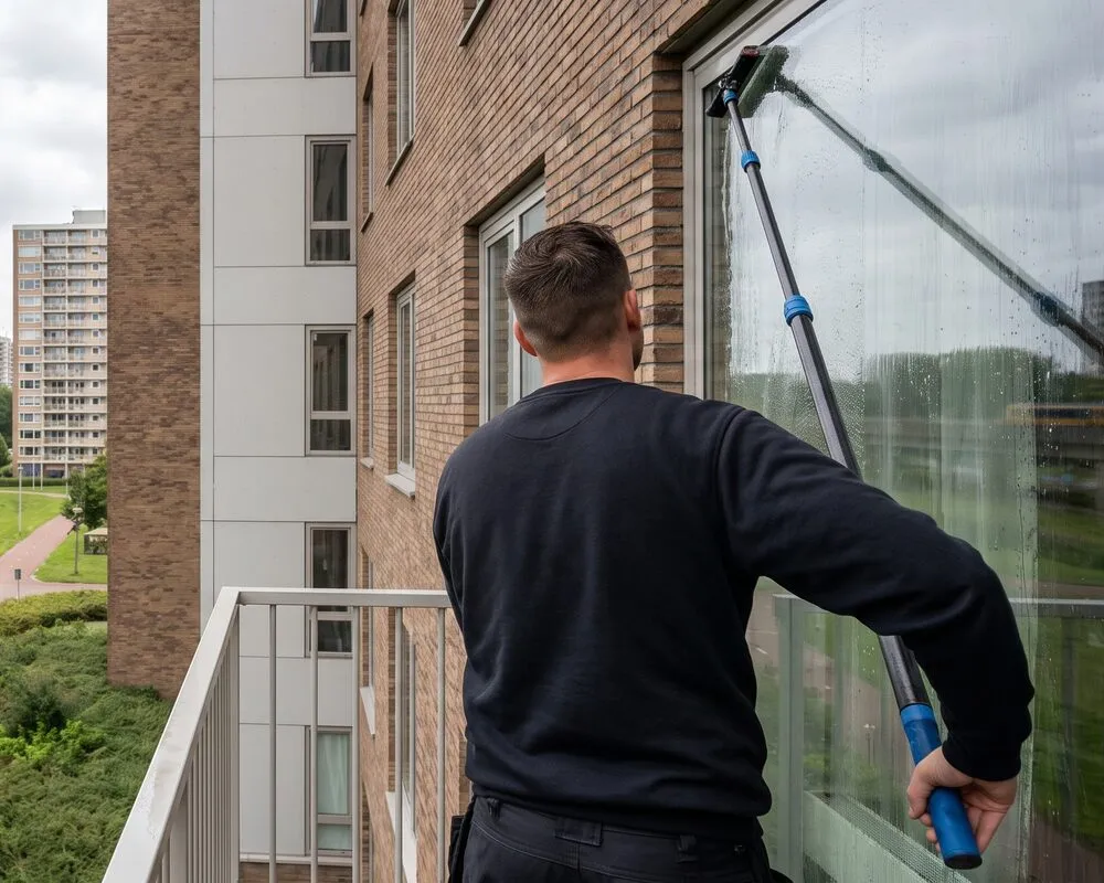 Window cleaner at work in Amsterdam Zuidoost